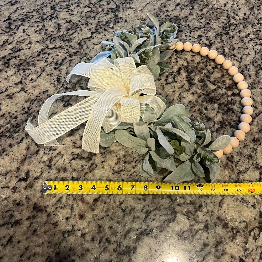 Farmhouse Wood Bead Wreath, adorned with faux Lamb's Ear & Eucalyptus leaves. - Picture 7 of 7